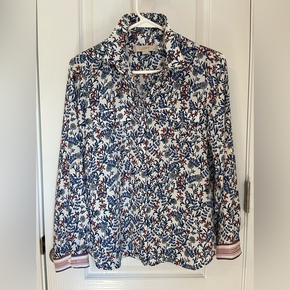 Loft Small Petite Floral Blue and White Button Down Blouse